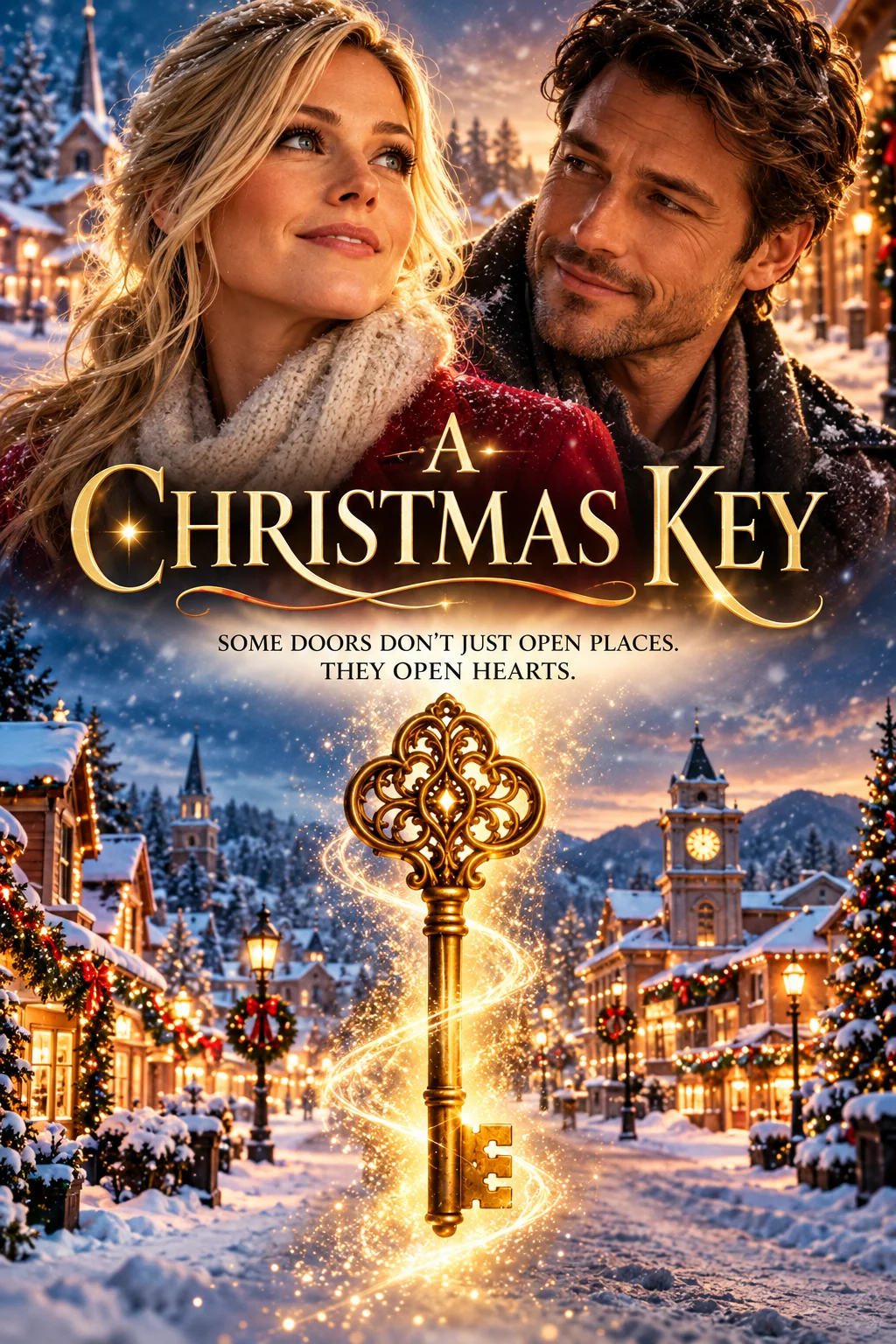A Christmas Key concept poster showing a couple, a glowing gold key and a festive winter town