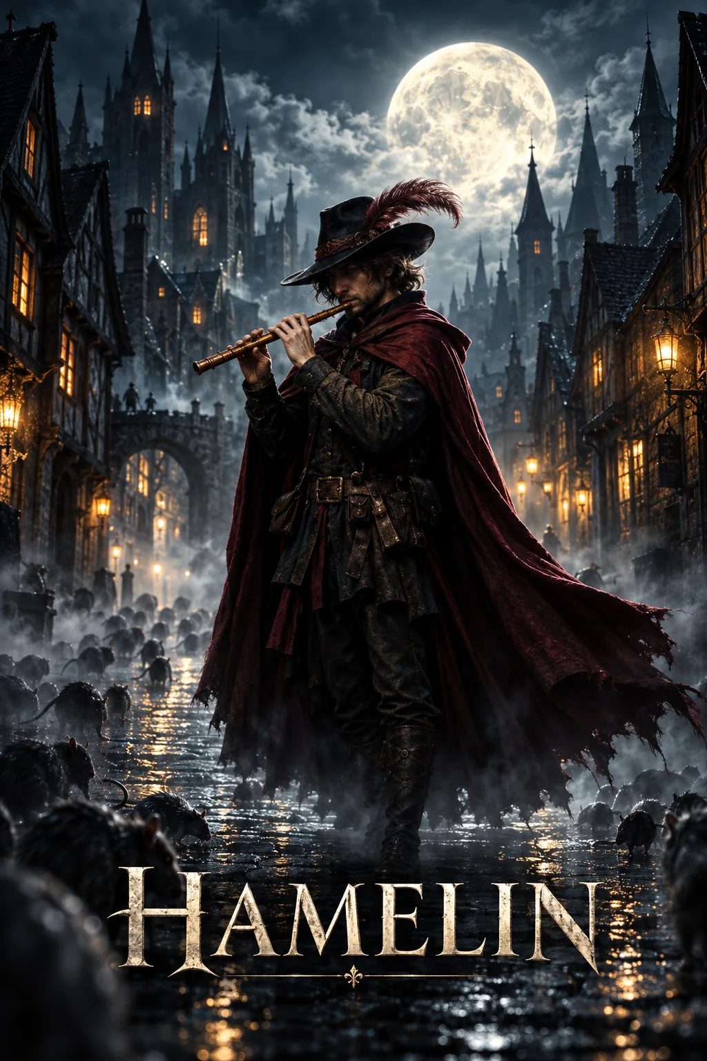 Hamelin borderless concept poster: the mysterious piper beneath a full moon