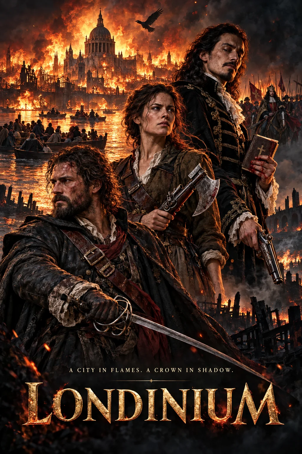 Londinium concept poster with figures in front of a city engulfed in flames