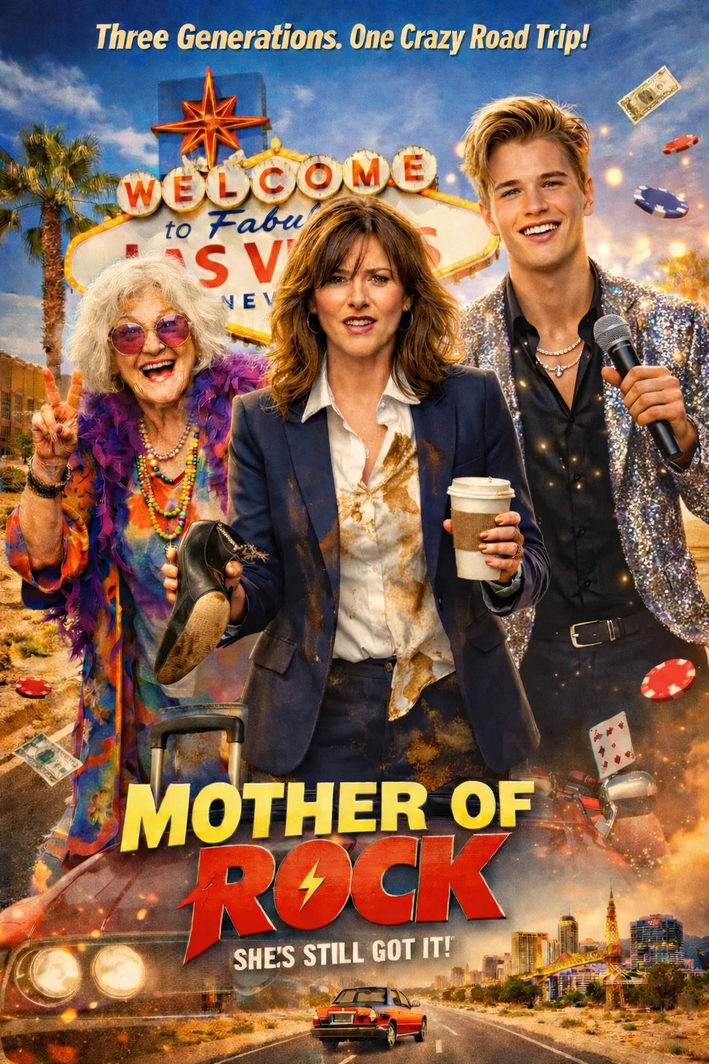 Mother of Rock concept poster featuring three generations on a colourful Las Vegas adventure