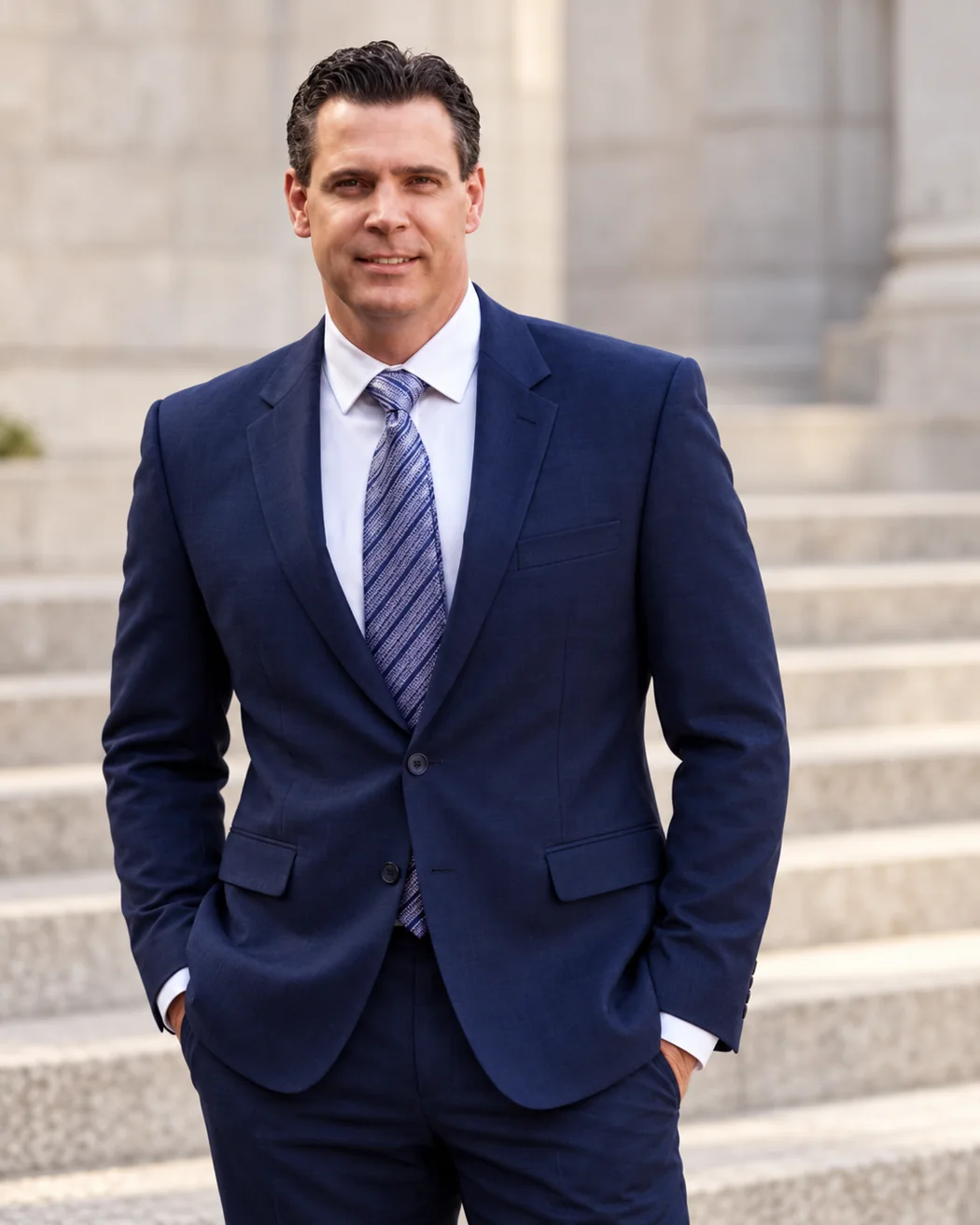 Portrait of screenwriter Phil Skipp wearing a navy suit